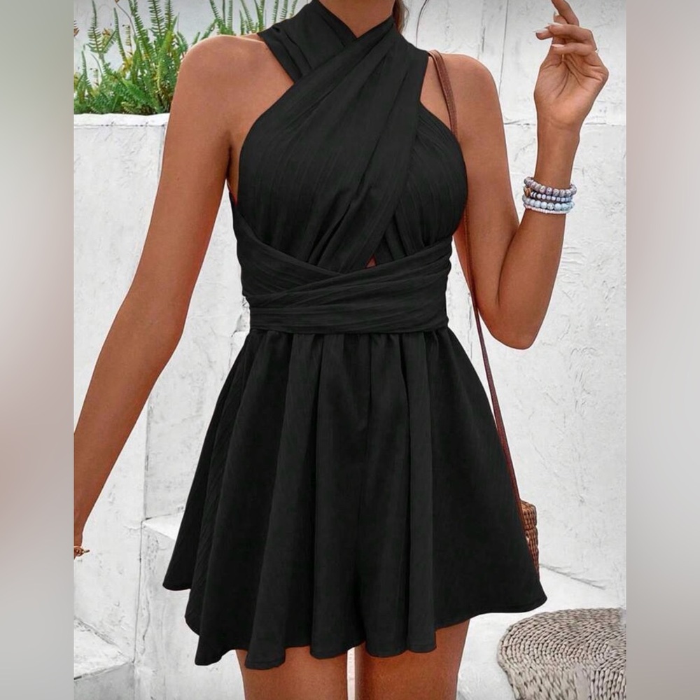 Elegant Black Wrap Halter Shorts Romper